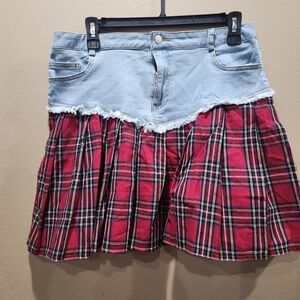 Stylish Asymmetrical Denim and Plaid Skirt